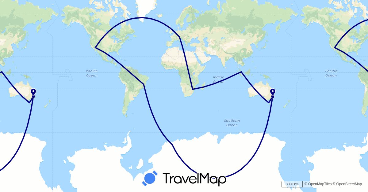 TravelMap itinerary: driving in Australia, Brazil, Germany, Singapore, United States, South Africa (Africa, Asia, Europe, North America, Oceania, South America)